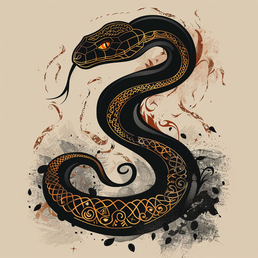 Decorative flat tattoo sketch of a serpent with intricate tribal patterns