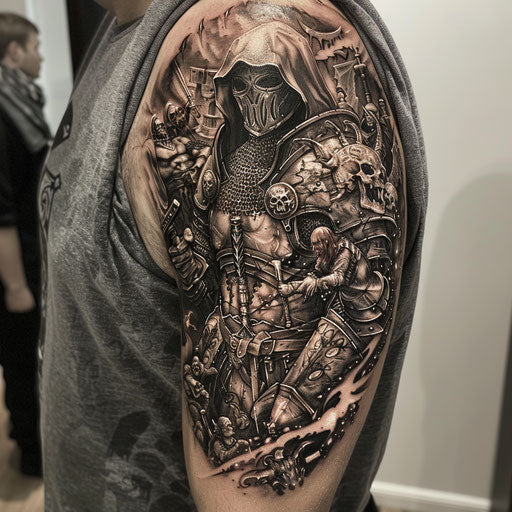 Detailed fantasy-themed shoulder tattoo with knights