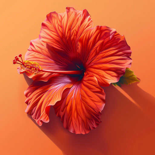 Realistic hibiscus flower on sunset orange background