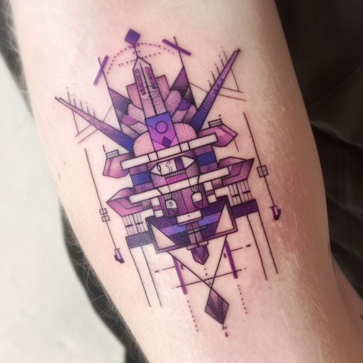 Geometric Mayan pattern tattoo, sharp lines, vivid purples, white background