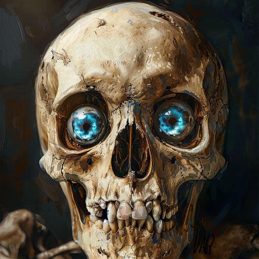 A skull with blue eyes, webcam-photo style, comical caricatures, irony and humor