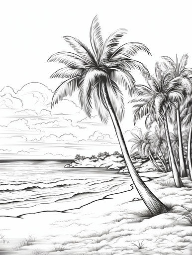 Free coloring pages island with sun and palm trees