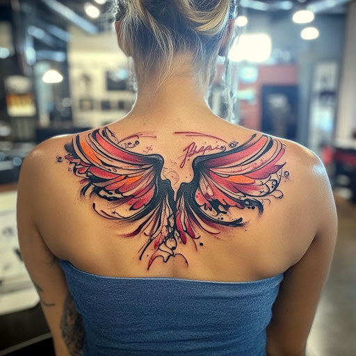 Wings tattoo on back with modern abstract wings