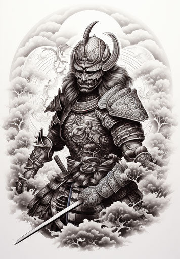 Japanese samurai tattoo design, kinetic pointillism style