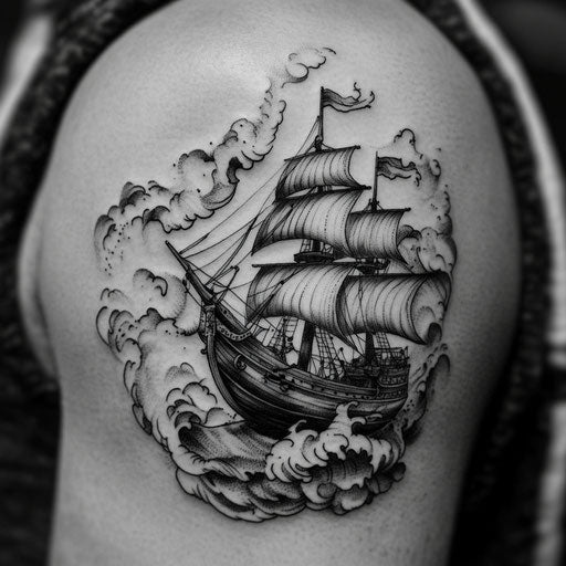 Family tattoos for men, a ship sailing through stormy seas with family names on the sails, in the style of Sailor Jerry
