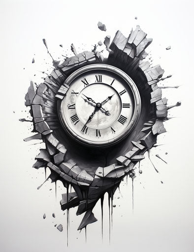 Broken clock on wall, graphite realism style