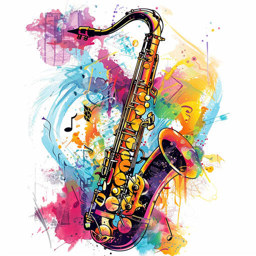 Jazz-inspired tattoo with saxophone, notes, vibrant colors