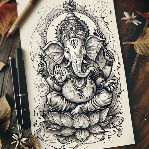 Elegant tattoo sketch of Ganesha in monochrome clipart style