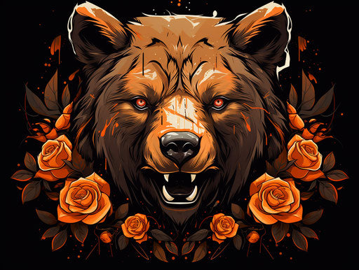 Bear design on brown background with roses and arrows