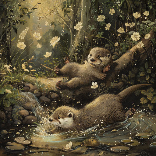 Playful otters sliding down muddy bank into sparkling stream