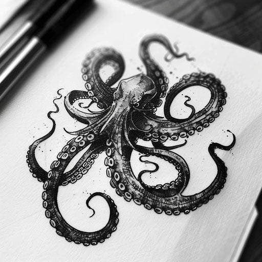 Blackwork kraken tattoo design, emphasizing strong black fill and negative space, elegantly placed on a white background.
