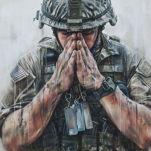 Soldier's prayer, hands clasped over dog tags, on white canvas.