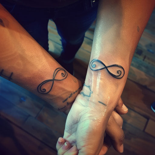 Matching Best Friend Tattoos Inspired by Ami James with Minimalist Infinity Symbols