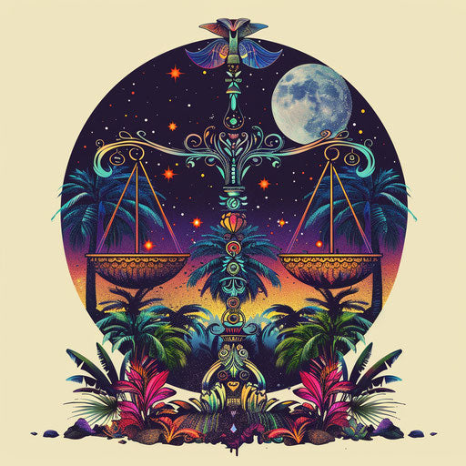 Sketch of a flat tattoo of the Libra constellation with vibrant tropical colors and exotic patterns