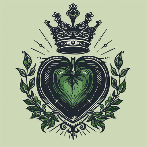 Vegan tattoo design with heart, leaves, crown, black & green
