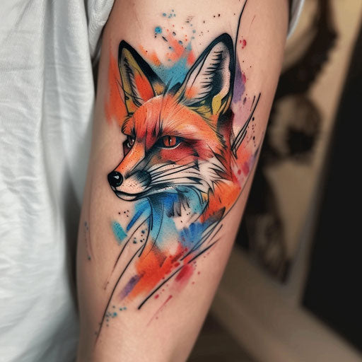 Fox tattoo, abstract expressionism, color splashes