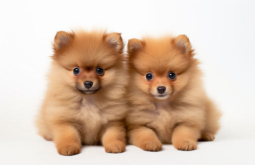 Two fluffy pomeranian puppies sitting in front of a white background