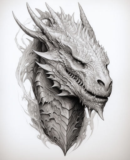 Dragon head in black and white, hyperrealistic pencil drawing style