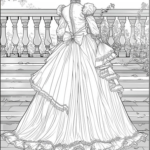 Detailed Victorian dress with ruffles and intricate embroidery