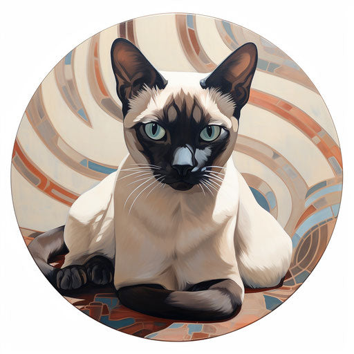 Siamese cat on carpet, maroon style, polished concrete