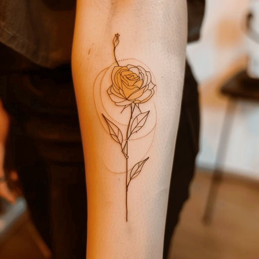 Minimalist tattoo sketch of an amber rose with a single line design