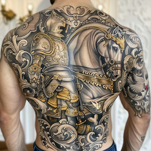 Baroque tattoo sketch of a knight and his horse
