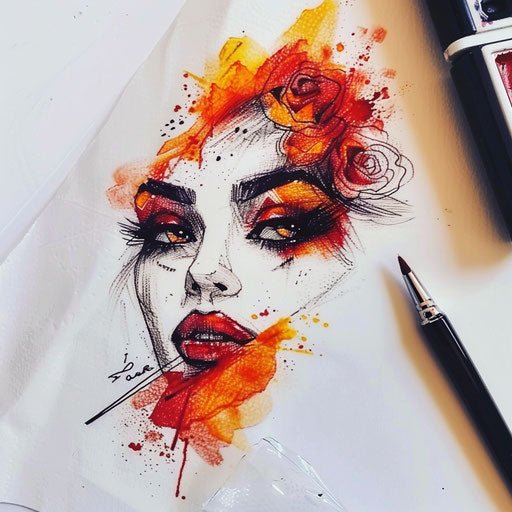 Bold and dramatic tattoo sketch of Aphrodite with fiery red and orange watercolor splashes