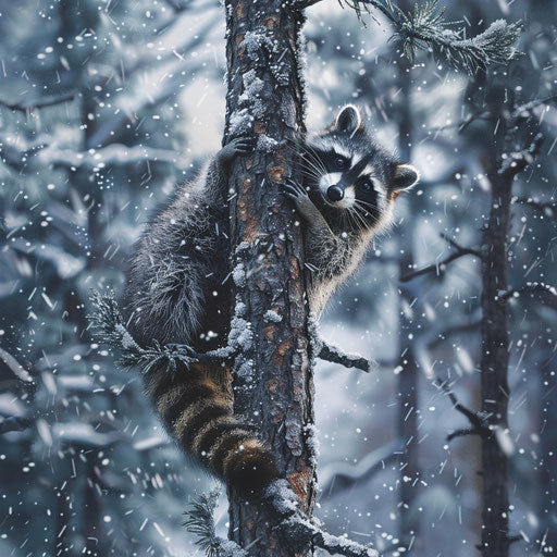 A raccoon climbing a tall pine tree amidst snowfall