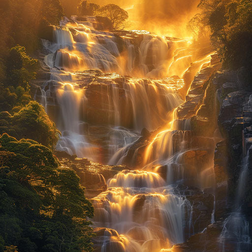 Athirapally Falls with golden light and cascading water