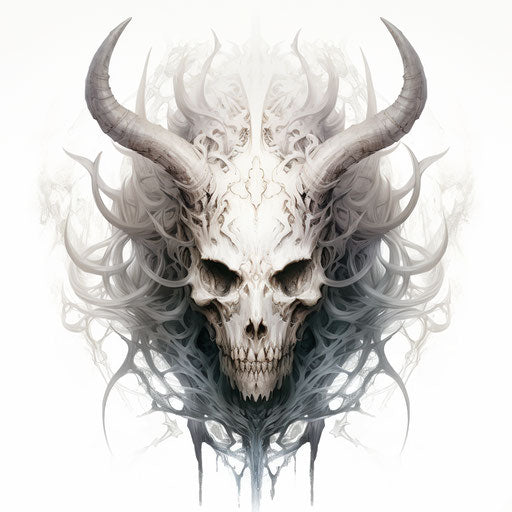 Elven skull with thick horns, demonic photo style