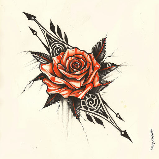 Tribal tattoo sketch of an amber rose with bold tribal patterns and stark contrasts, incorporating cultural motifs