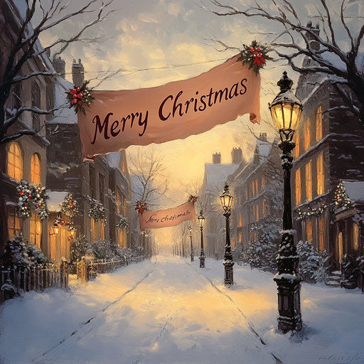 Classic snowy street with lampposts and Christmas banners