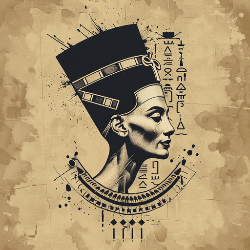 Elegant flat tattoo sketch of Nefertiti with hieroglyphic elements