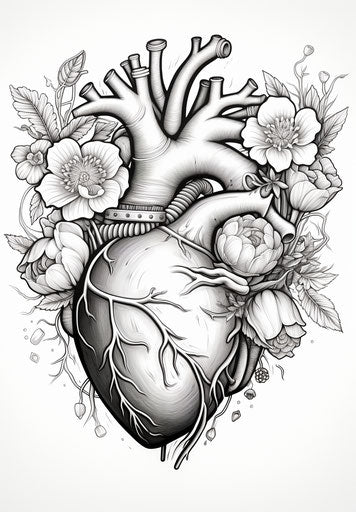 The heart in black and white, exaggerated anatomy style