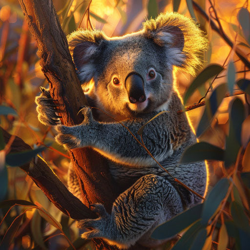 Koala in the golden hour light, rich colors and deep shadows