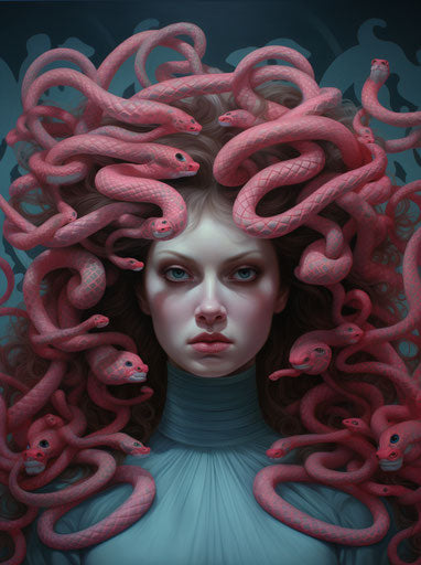 Hermione Medusa, in neotraditional style, light pink and dark gray, twisted characters, cobra, dark cyan and red, curvilinear 29:39
