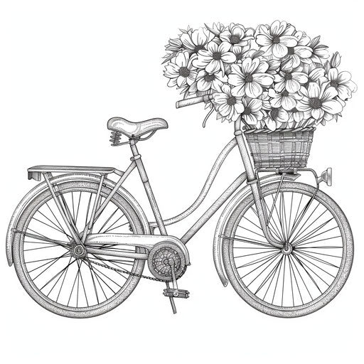 Vintage bike with a basket of flowers. Coloring book page