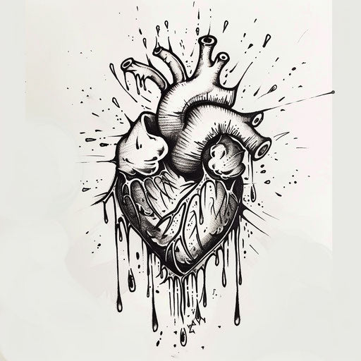 Energetic flat tattoo sketch of a heart with dynamic tears