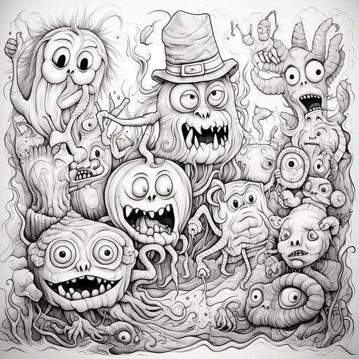 Spooky Halloween Coloring Page with Cartoon Characters