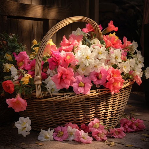 Flowers and a basket in a wooden basket, flowerpunk style, captivating, pretty, beautiful