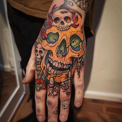 Skull Hand Tattoo in the Style of Steve Sack with Humorous Cartoon Characters