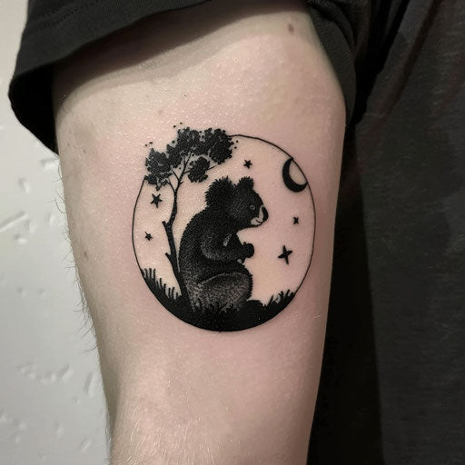 Bold and dark flat tattoo sketch with a koala silhouetted against the moon