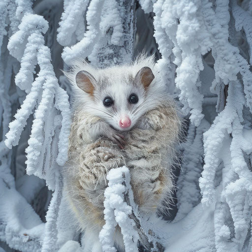 Possum blending into a snowy forest