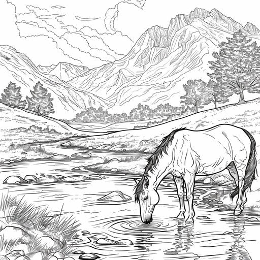 Horse drinking water in a river with mountains