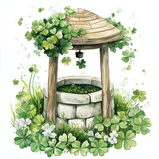 Traditional Irish well surrounded by clover, Johanna Basford-style clipart, magical St. Patrick's Day vibes