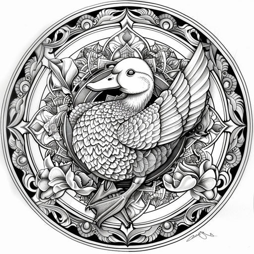 Detailed mandala with central duck theme, intricate surrounding patterns