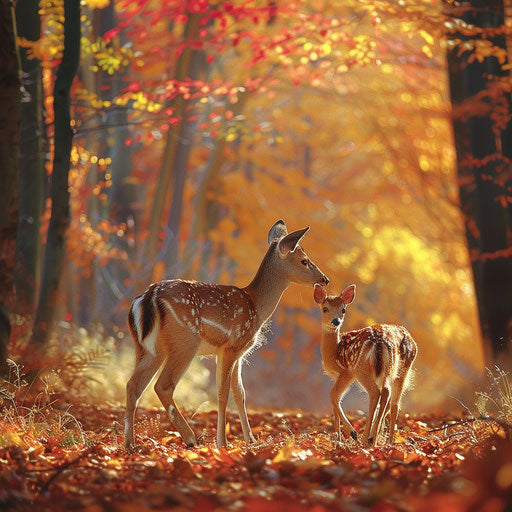 Yezo sika deer guiding its fawn through a carpet of vibrant fall leaves in a deciduous forest