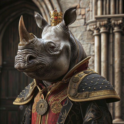 A rhinoceros as a royal guard in a medieval castle