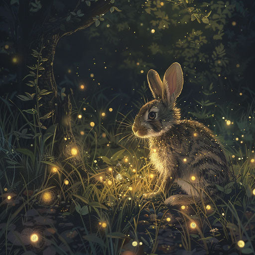 A rabbit illuminated by fireflies at night, a magical scene out of a fairy tale