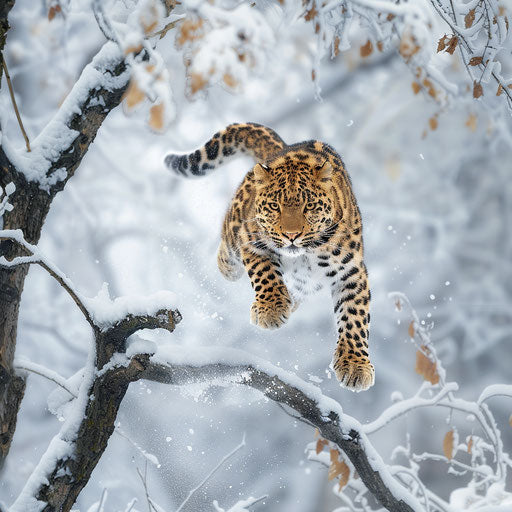 Amur leopard leaping between snow-laden branches